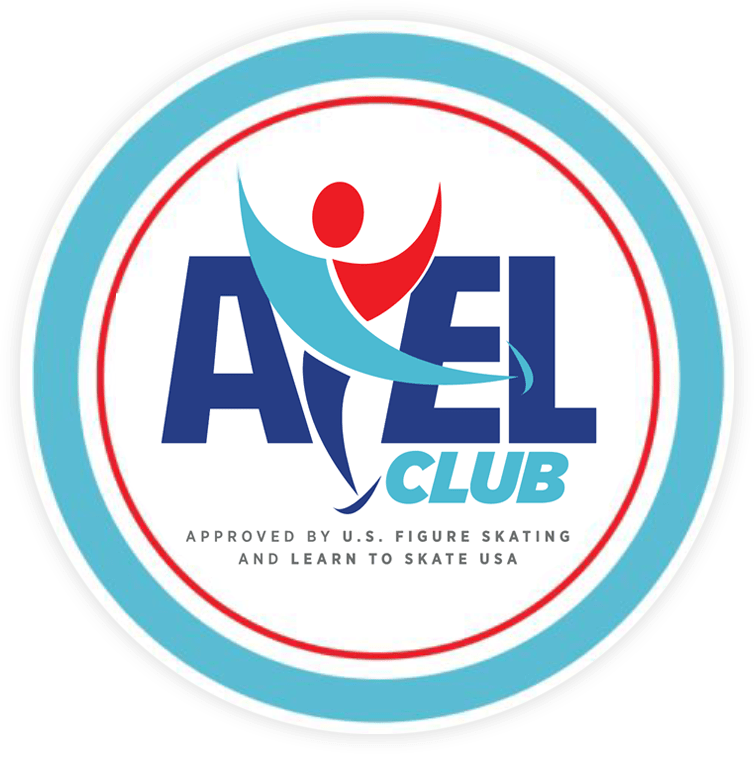 Logo of the US Figure Skating Axel Club, featuring a stylized figure skater in motion, with the text 'AXEL CLUB' prominently displayed.